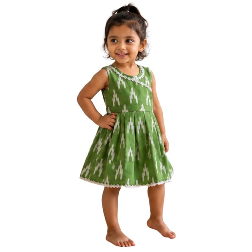 Baby Girls Muslin Cotton Frock | Soft Summer Dress with Cotton Lining | Sleeveless Ikat Print Dress | Back Zip & Tie-Up Belt Age 0–5 Years (IN, Age, 0 Months, 3 Months, Regular, Parrot Green)