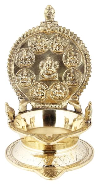 Poompuhar Brass Asta Lakshmi Oil Lamp (21 cm x 3 cm x 18 cm, Yellow)