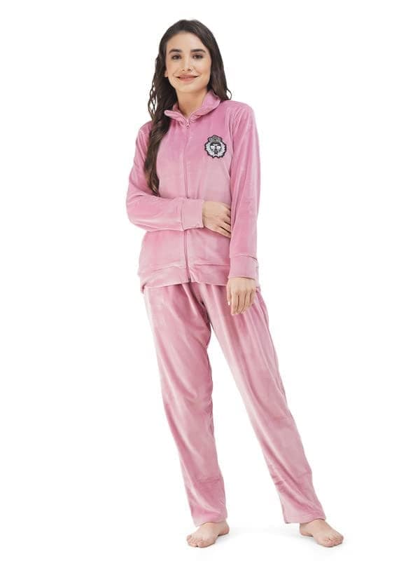 KOI SLEEPWEAR WOMEN's Full Sleeves Solid High Neck Velvet Zipper Track suit (XXL, Pink)