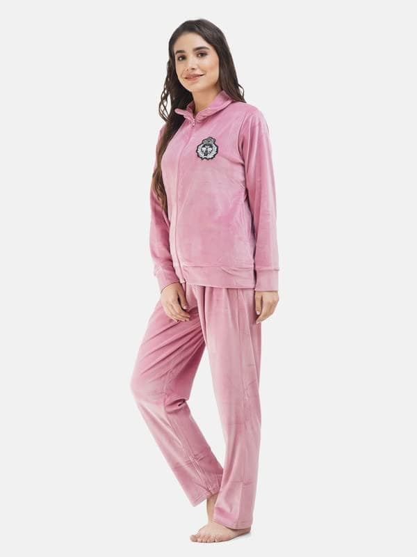 KOI SLEEPWEAR WOMEN's Full Sleeves Solid High Neck Velvet Zipper Track suit (XXL, Pink) view 2