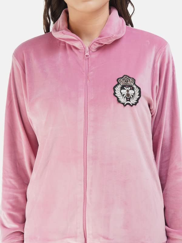 KOI SLEEPWEAR WOMEN's Full Sleeves Solid High Neck Velvet Zipper Track suit (XXL, Pink) view 4