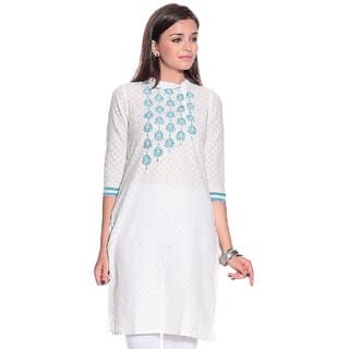 White Embroidered Cotton 3/4th Sleeves Long Kurti