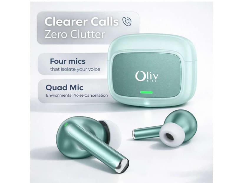 OlivLife VELO True Wireless Earbuds, Bluetooth 6.0 in-Ear Headphones with ENC Mic, 14H Playtime, Deep Bass, Premium Sound, Type-C Fast Charging Case - Green view 3