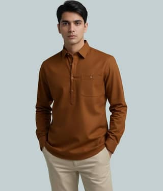 BHUVIKOO Cotton Blend Plain Shirt Style Kurta For Men ( Yellow )