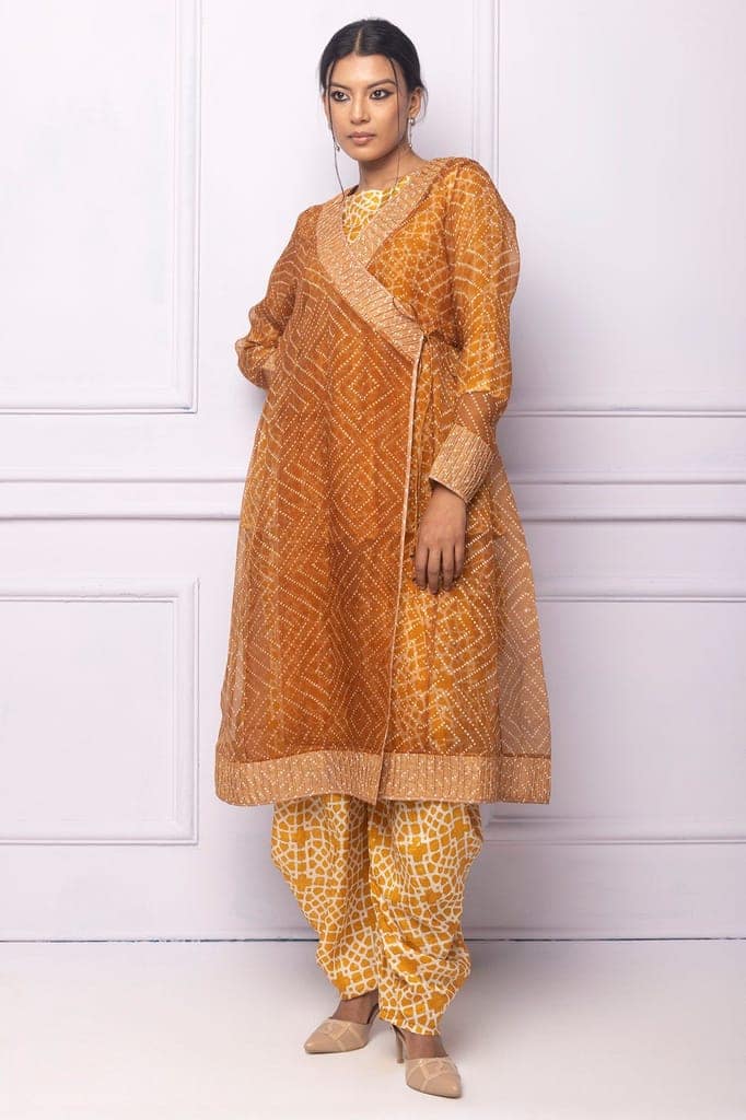 Muddy Yellow Organza Printed Angrakha view 3