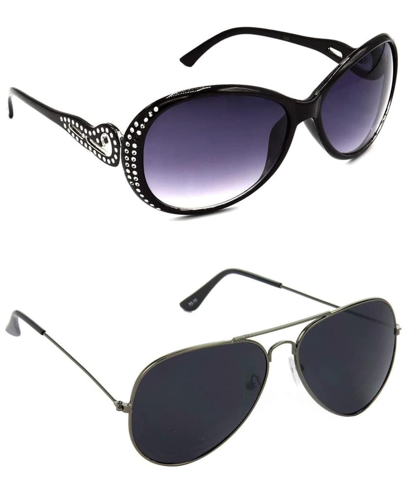 HRINKAR Unisex Round Sunglasses Silver & Grey Frame, Grey & Black Lens (Medium) - Pack of 2