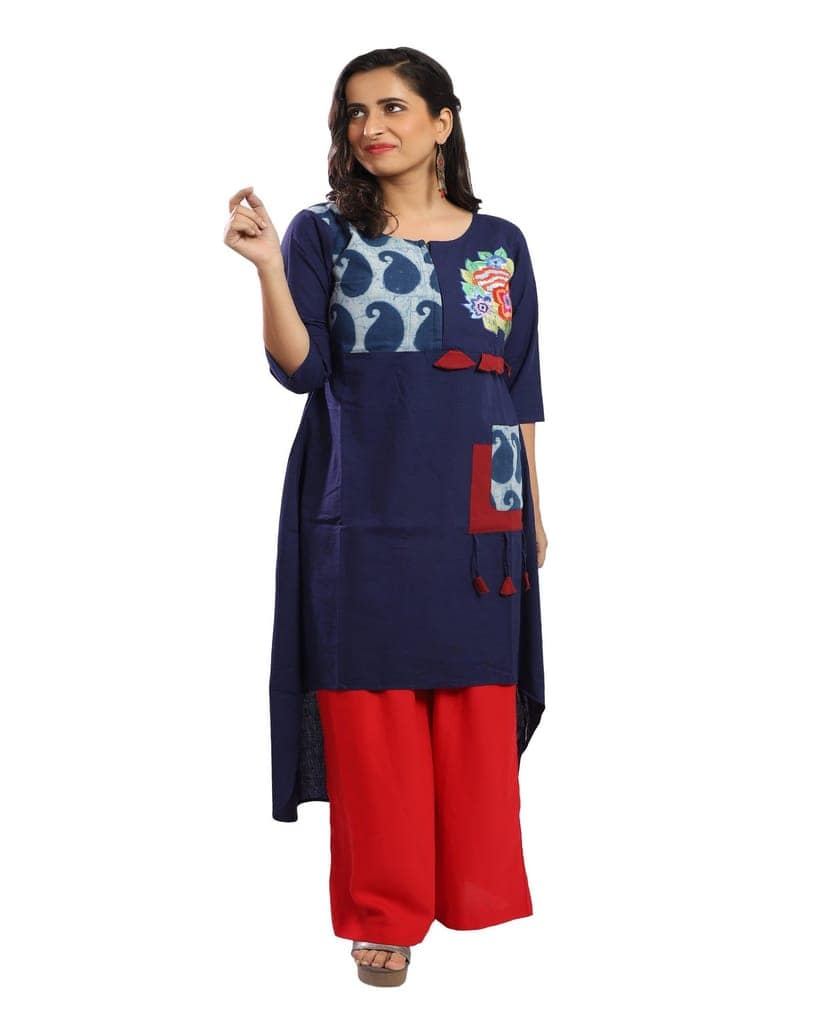 Blue Cotton Hand Embroidered Kurta view 3