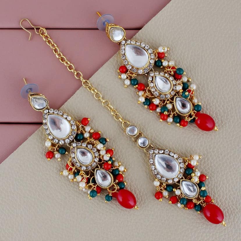 Lucky Jewellery Gold Plated Multi Color Tika Earring Necklace Combo Kundan Jewellery Set (726-MSK-3-LINE-RED-G) view 2