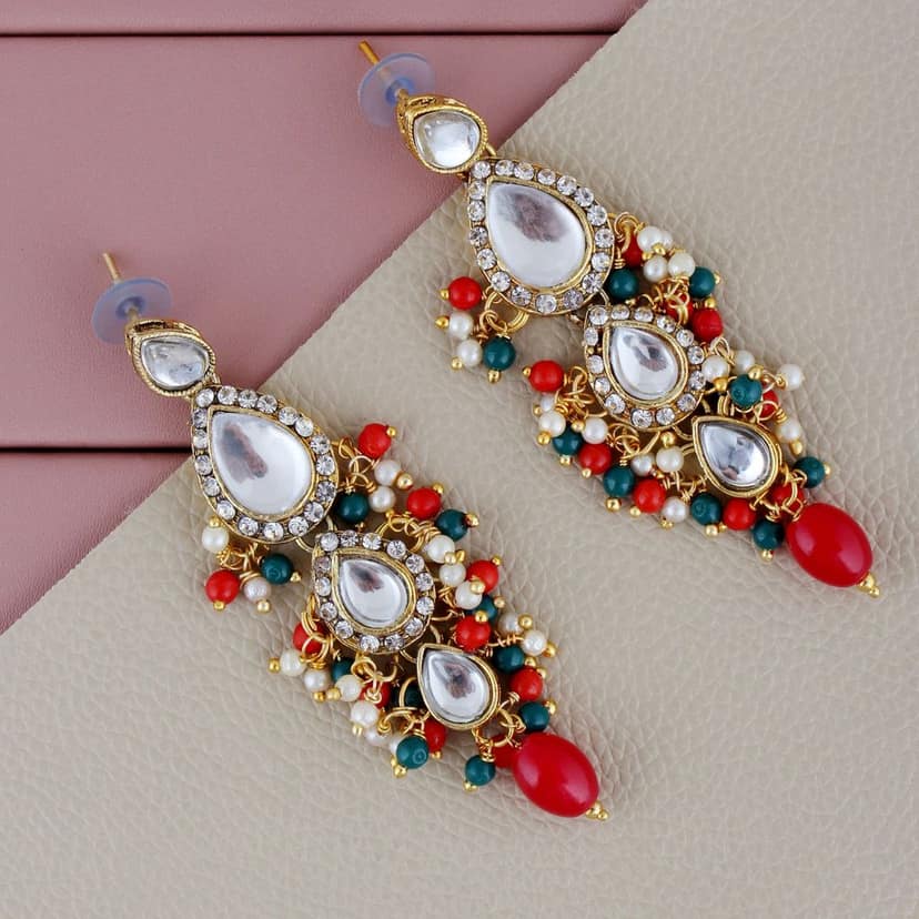 Lucky Jewellery Gold Plated Multi Color Tika Earring Necklace Combo Kundan Jewellery Set (726-MSK-3-LINE-RED-G) view 3