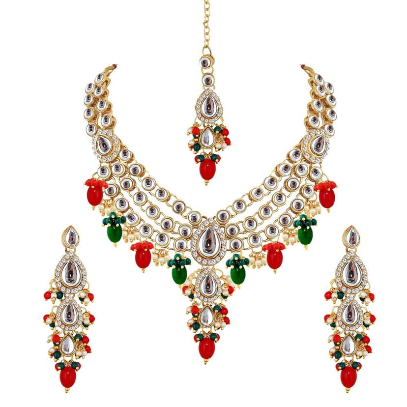 Lucky Jewellery Gold Plated Multi Color Tika Earring Necklace Combo Kundan Jewellery Set (726-MSK-3-LINE-RED-G) view 4