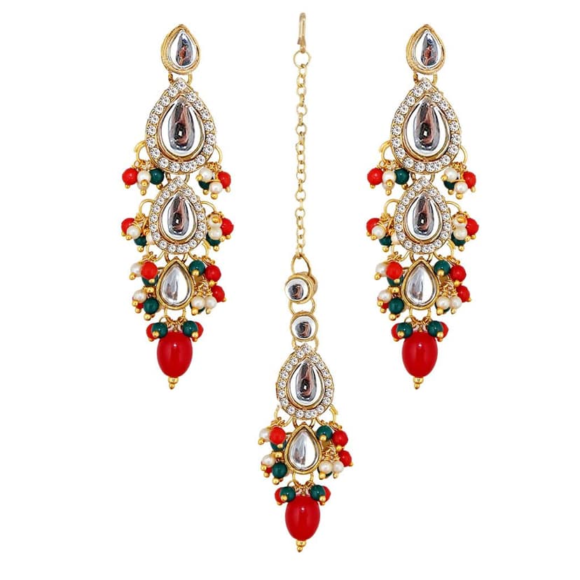 Lucky Jewellery Gold Plated Multi Color Tika Earring Necklace Combo Kundan Jewellery Set (726-MSK-3-LINE-RED-G) view 5