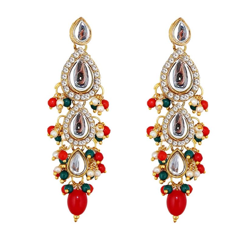 Lucky Jewellery Gold Plated Multi Color Tika Earring Necklace Combo Kundan Jewellery Set (726-MSK-3-LINE-RED-G) view 6