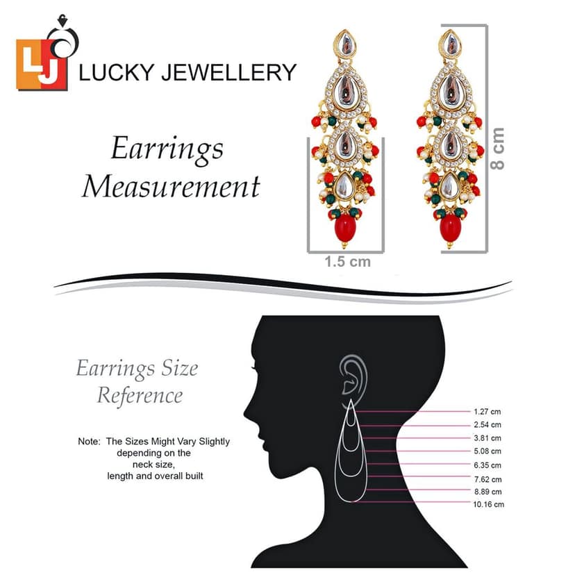 Lucky Jewellery Gold Plated Multi Color Tika Earring Necklace Combo Kundan Jewellery Set (726-MSK-3-LINE-RED-G) view 7