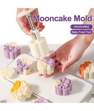 Mooncake Mold Press with 5 Stamps | DIY Cookie Biscuit Pastry Cutter | Food Grade Plastic Baking Tool | Flower Shape Press Mold for Moon Cake, Cookies, Chocolates, Fondant, Kitchen Accessories