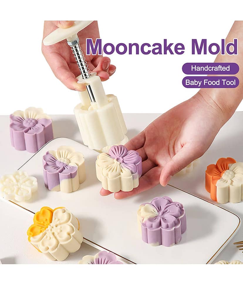 Mooncake Mold Press with 5 Stamps | DIY Cookie Biscuit Pastry Cutter | Food Grade Plastic Baking Tool | Flower Shape Press Mold for Moon Cake, Cookies, Chocolates, Fondant, Kitchen Accessories