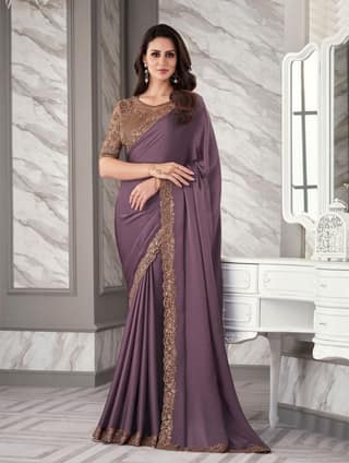 Embroidered Border Satin Georgette Scalloped Saree in Purple