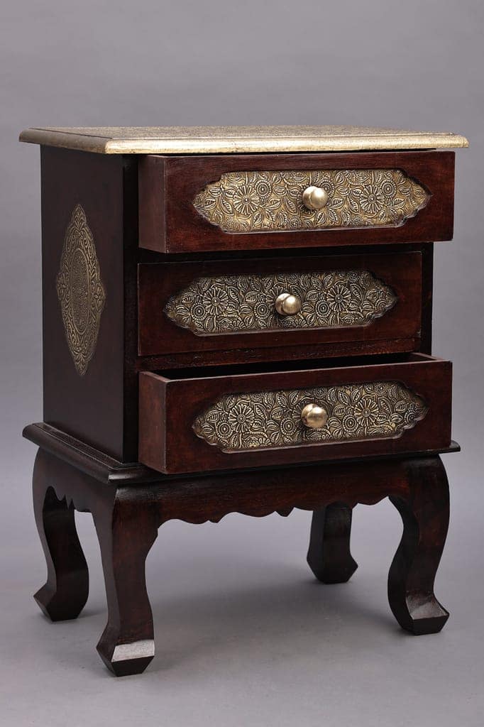 Wood To Cart® Rajasthani Brass Wooden Bedside Table | Nightstand 3 Chest of Drawer | End Table | Storage Organizer | Entryway Drawer Table Bedroom Furniture(18x12x24") view 2