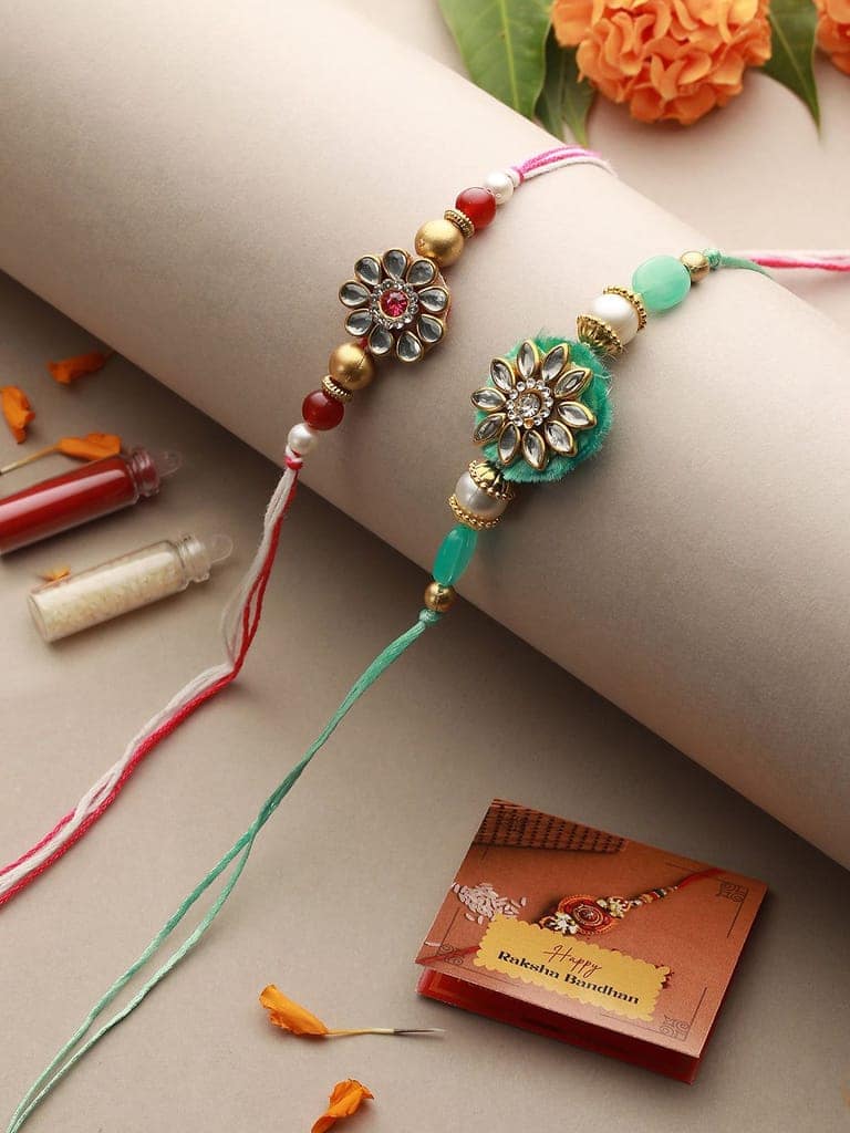 Set of 2 Kundan & Pearl Beaded Rakhi with Roli Chawal view 2