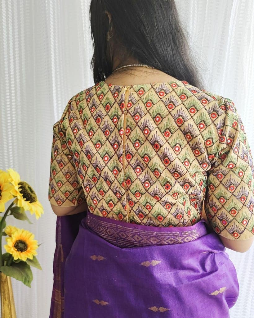 Bangalori Silk Stitched Blouse Beige Color Heavy Embroidery with mirror work-7562 view 3