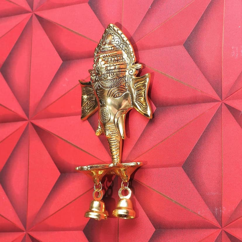 DreamKraft Metal Ganesha Wall Hanging Diya | Three Bells | Home Decor | Gold Plated | 7cm x 10cm x 21cm view 2