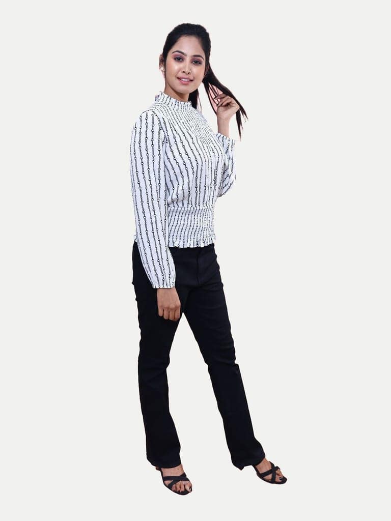 Women Printed White Blouse With Smocked Detailing view 3