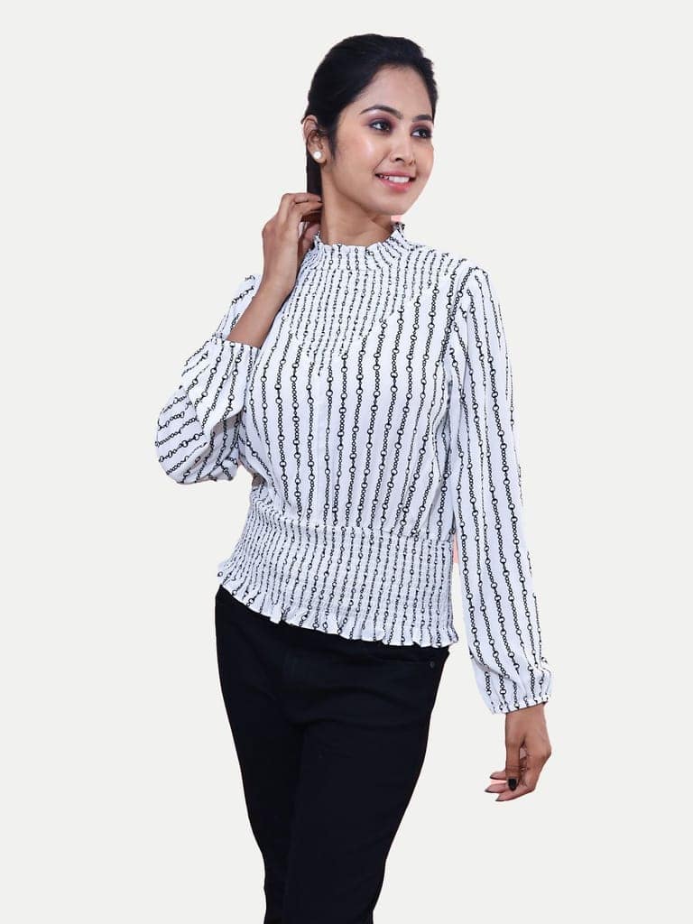 Women Printed White Blouse With Smocked Detailing view 4