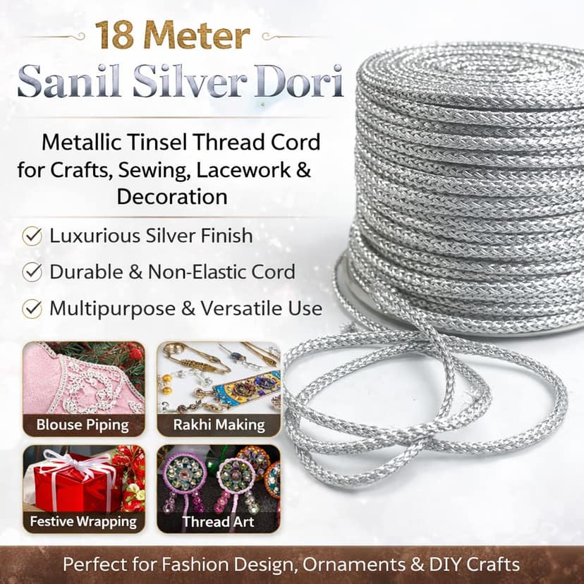 Silver Dori Twine Roll � 18 Meter Metallic Tinsel Thread Cord for Crafts, Sewing, Blouse Lace, Crochet, Decorations, Embroidery & DIY Projects | Sanil Dori view 4