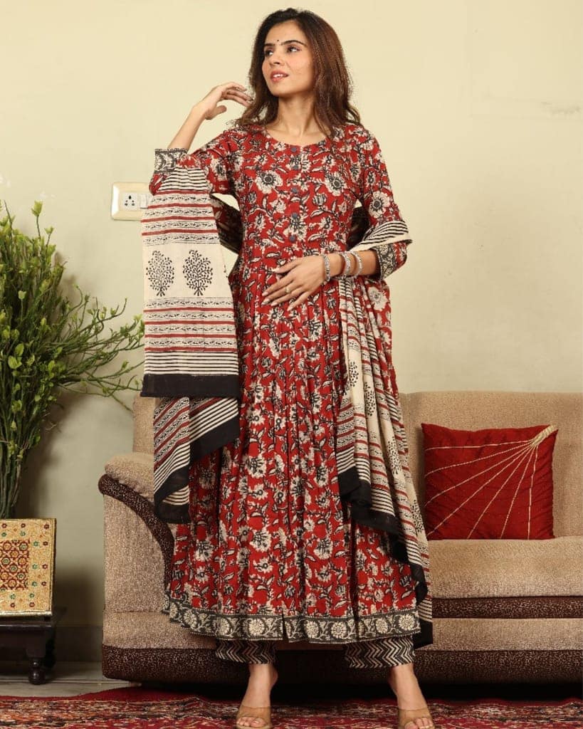 Anarakali Kurti Set Red Color Bagru Handblock print with Mulmul Dupatta-2815 view 4