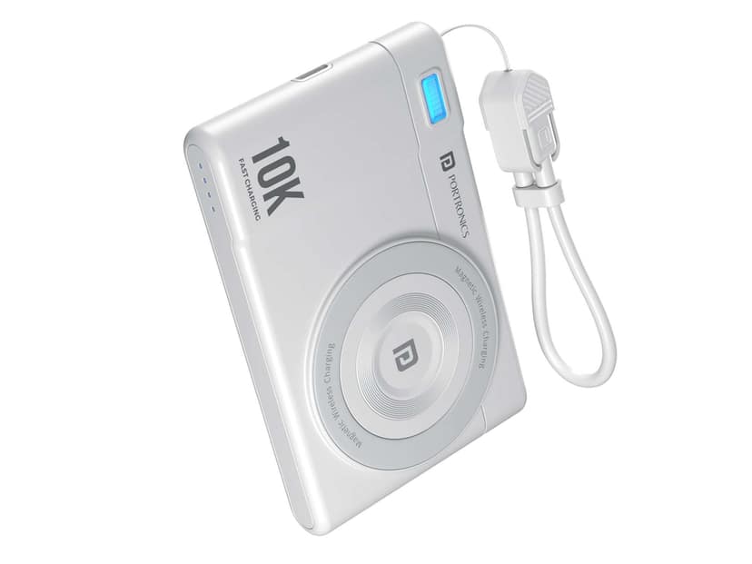 Portronics Power Shutter Air 10K 15W Wireless Output, 22.5W Wired Output, In Built Type C Cable, Light Weight - White
