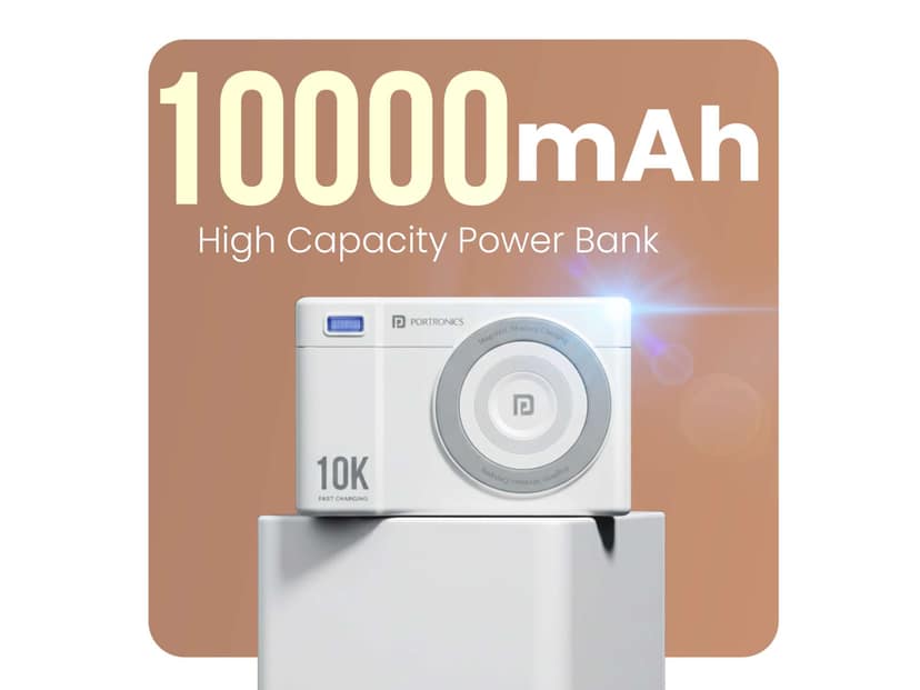 Portronics Power Shutter Air 10K 15W Wireless Output, 22.5W Wired Output, In Built Type C Cable, Light Weight - White view 3