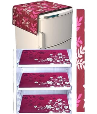 Laphino Polyester Floral Fridge Mat & Cover ( 97 55 ) Pack of 5 - Brown