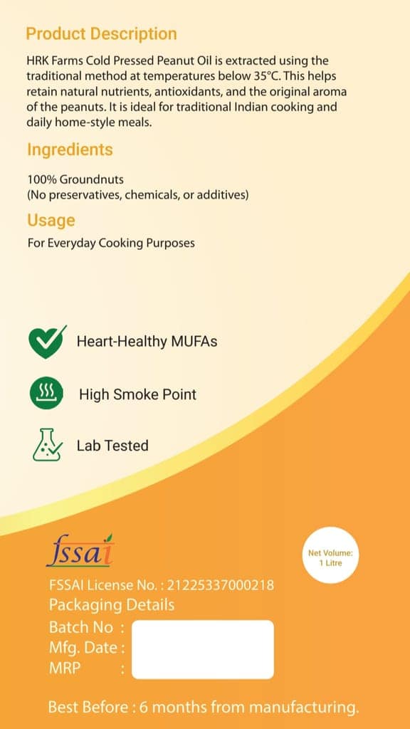 HRK Farms Cold Pressed Groundnut Oil | 100% Pure Peanut Oil | Unrefined & Zero Additives | Wood Pressed Groundnut Oil for Daily Cooking | Kachi Ghani Oil | Groundnut Oil Oil 1 L view 2