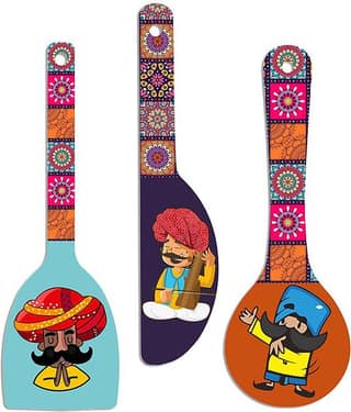 SAF Set of 3 Rajasthani Cartoon Spoon Wall Hangings – Colorful MDF Wooden Panels with Traditional Folk Characters for Kitchen Living Room Home Décor