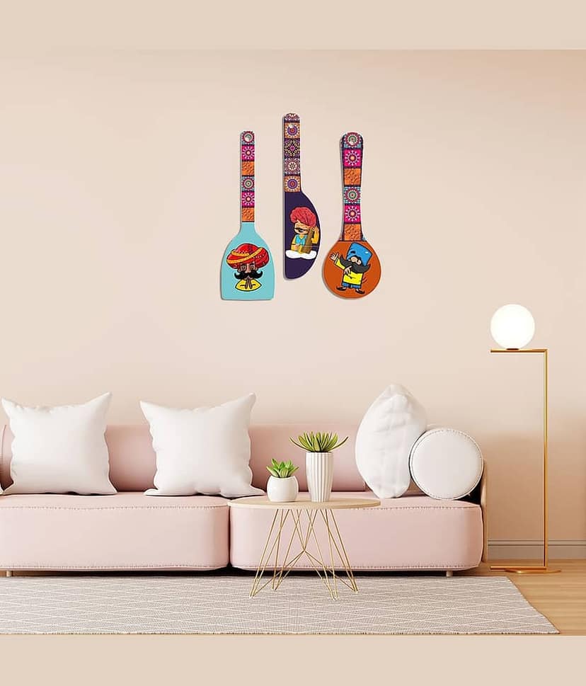 SAF Set of 3 Rajasthani Cartoon Spoon Wall Hangings – Colorful MDF Wooden Panels with Traditional Folk Characters for Kitchen Living Room Home Décor view 2