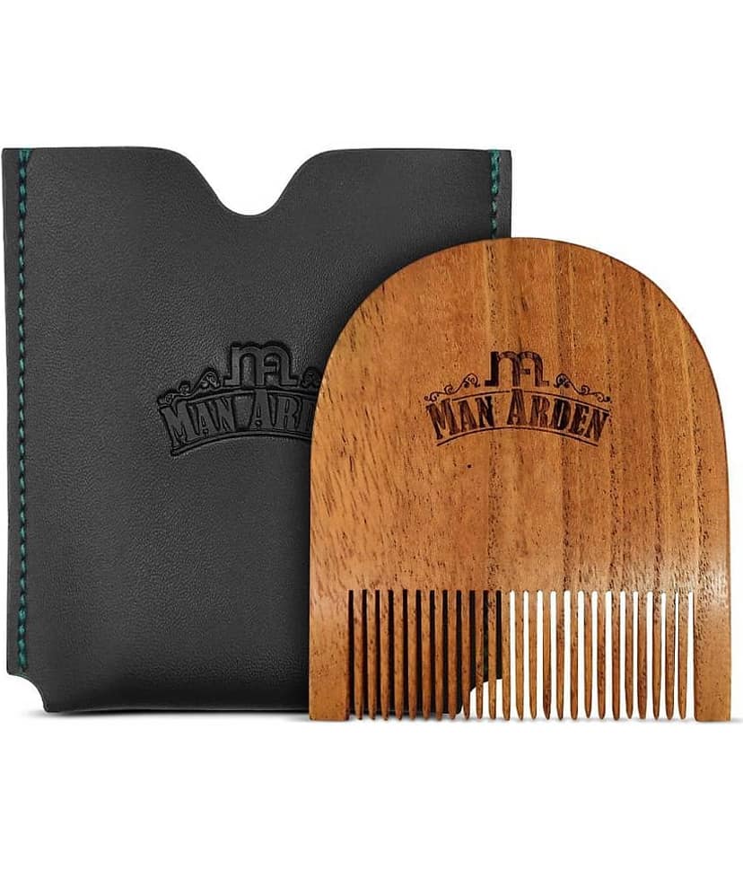 Man Arden Pure Neem Wooden U Shaped Beard Comb with Premium Faux Leather Pouch