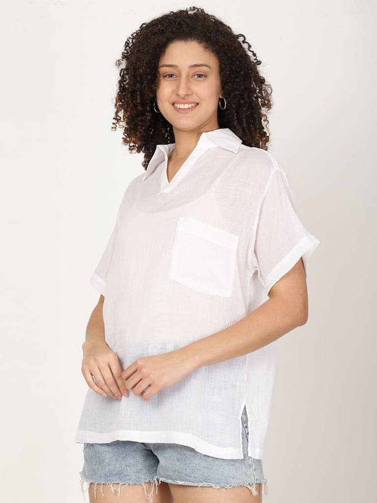 Women White Semi Sheer Shirt Style Top view 3