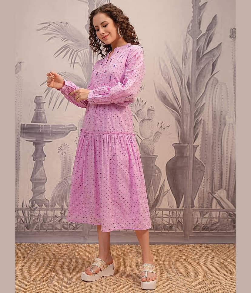 Vishudh Women Cotton A-line Dress ( Pink ) view 2