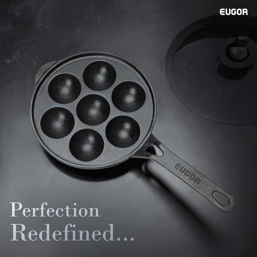 EUGOR Super Smooth Cast Iron Paniyaram Pan/Paddu Pan with Long Handle| 7 Pit, 8.3 Inch, Gas Compatible, Pre-Seasoned, 100% Toxin-Free (7Cavity Paddu) view 2