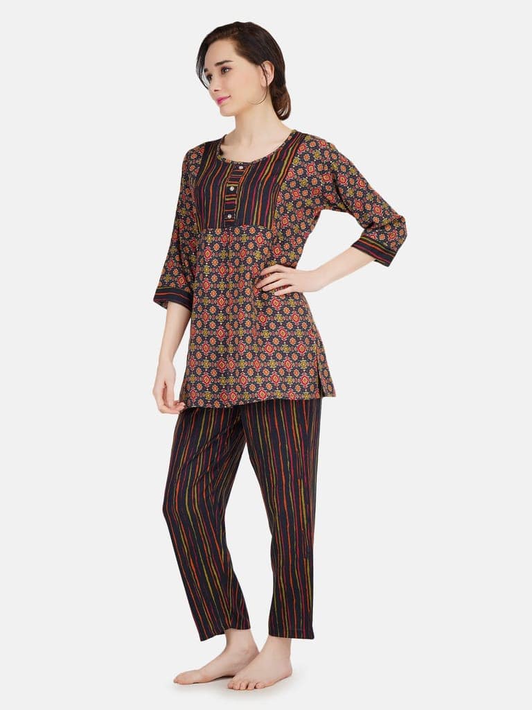 KOI SLEEPWEAR Women Kurti Pant Nightsuit Set - Black (Large) view 2