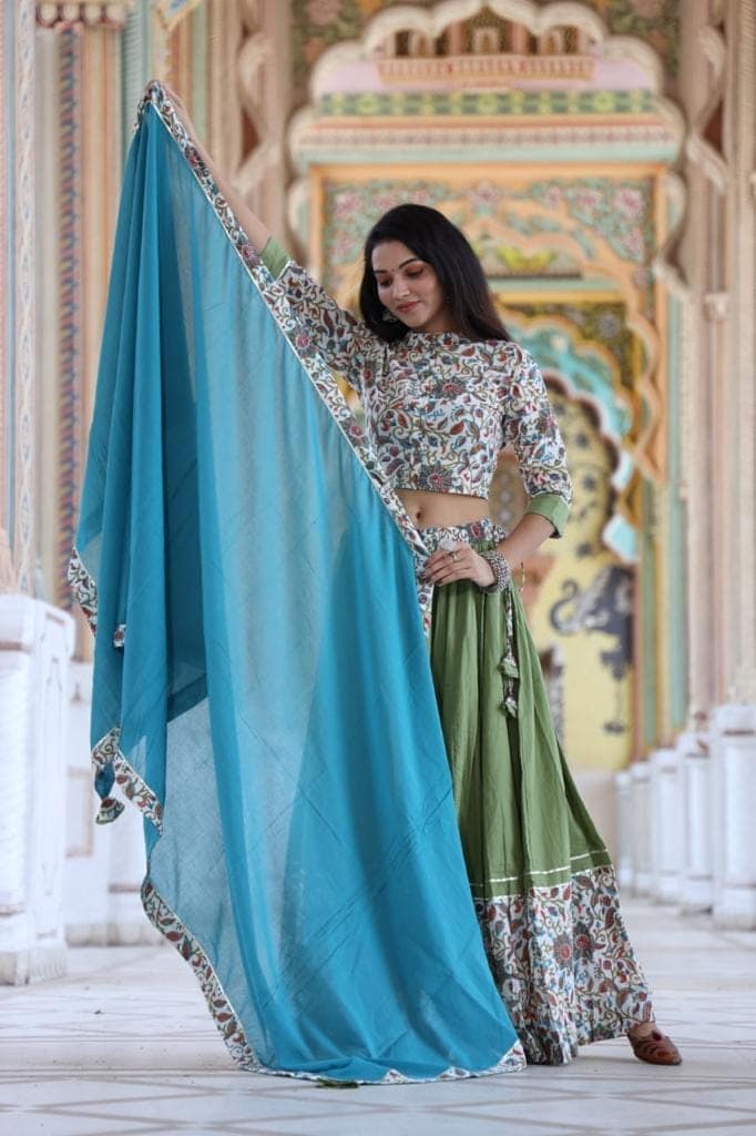 Handblock Printed Cotton Lehanga And Top With Mulmul Dupatta Green and Blue Color-8014 view 3
