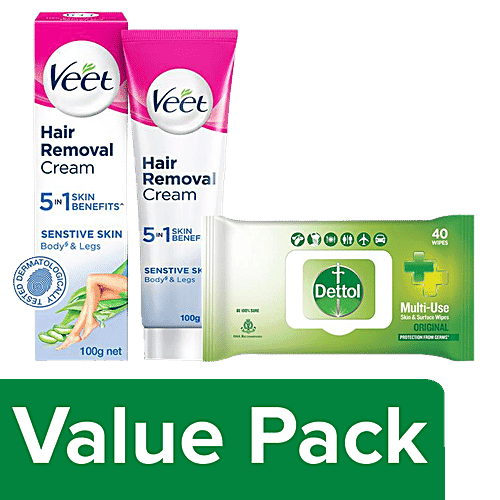 bb Combo Veet Hair Removal Cream-Sensitive Skin 100 g + Dettol Original Wipes 40 pcs, Combo 2 Items