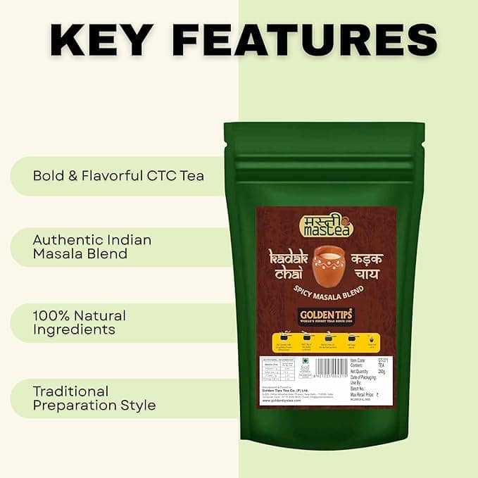 Golden Tips Kadak Masala Chai, Strong Assam CTC Tea with Aromatic Spices, Cardamom, Cinnamon, Clove, Ginger & Bay Leaves, Bold & Flavorful, Best with Milk, (250 Gram, 125 cups) view 3