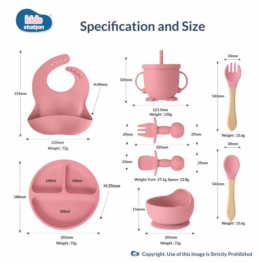 Kids Station 8-Piece Silicone Baby Feeding Set | Suction Bowl, Plate, Bib, Cup, Spoon & Fork | 100% Food Grade BPA-Free Silicone | Non-Slip, Easy to Clean (Pack of 8, Dark Pink) Kids Station 8-Piece Silicone Baby Feeding Set | Suction Bowl, Plate, Bib, C view 2