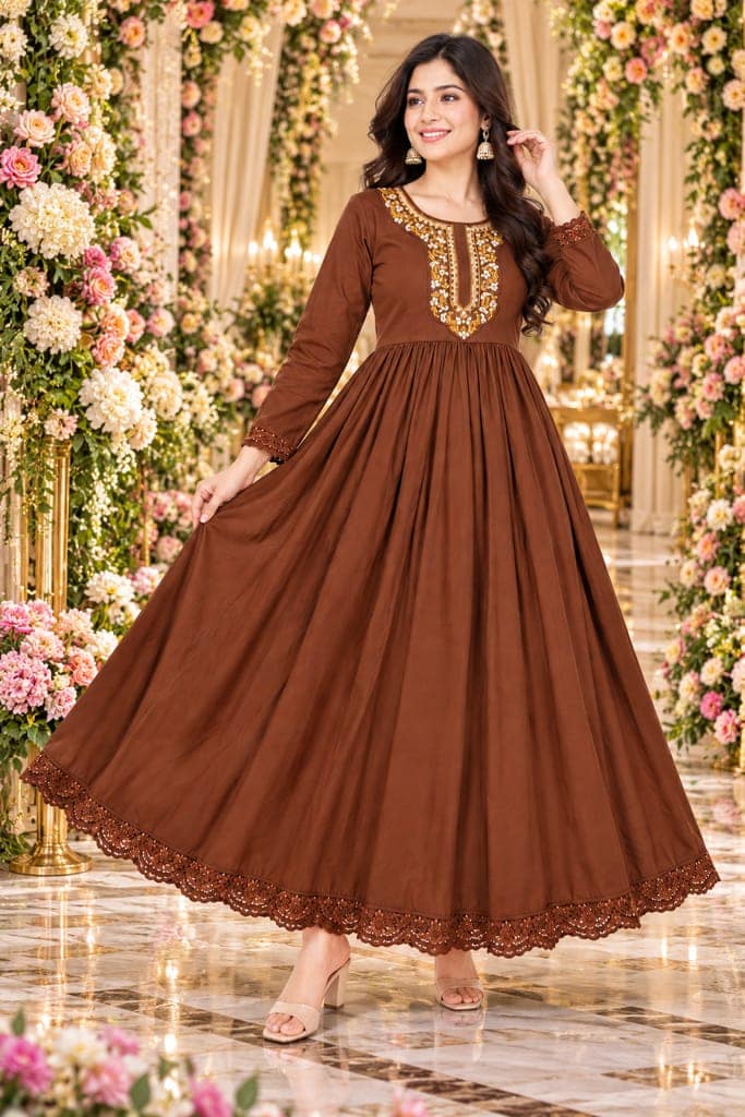 Women Solid Embroidered Anarkali Gown with 3/4 Sleeves, Lace Border and Back Tassel | Ethnic Festive Wear view 4