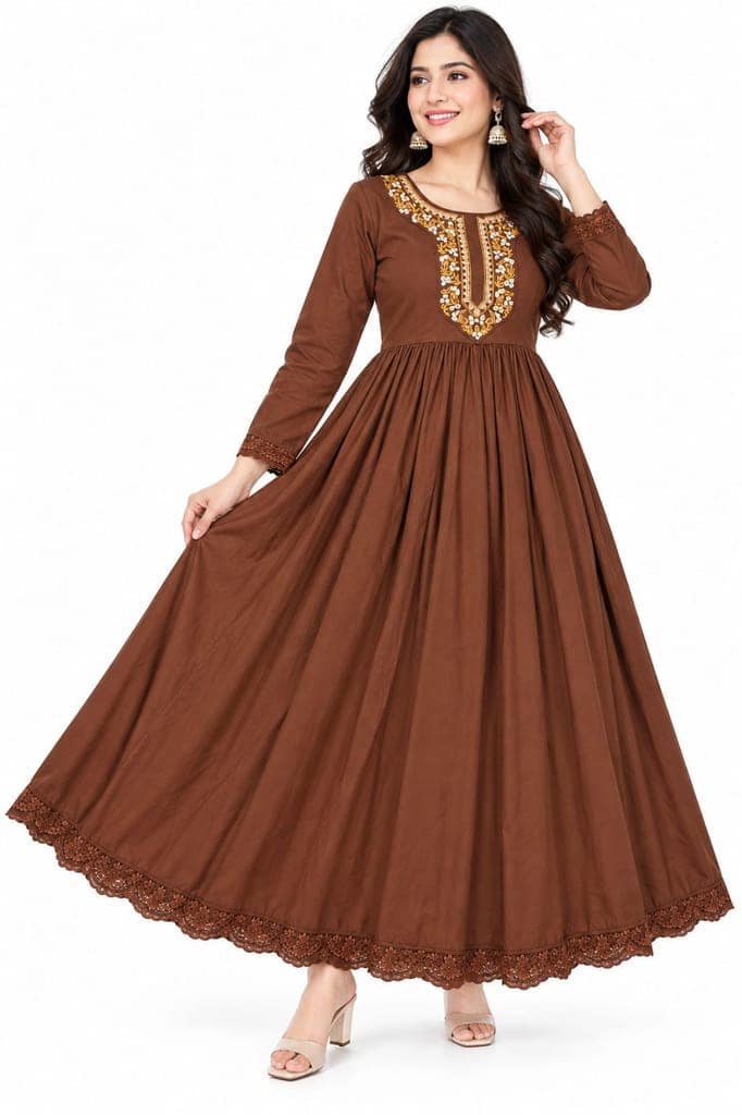 Women Solid Embroidered Anarkali Gown with 3/4 Sleeves, Lace Border and Back Tassel | Ethnic Festive Wear view 5