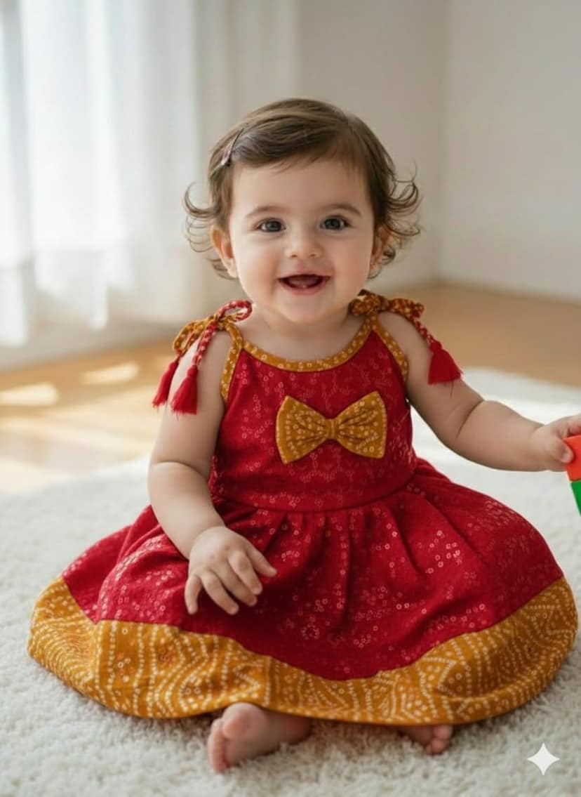 Mom and Me Baby Girls Pure Cotton Chikankari Frock with Bandhani Border | Sleeveless Shoulder Strap Dress | Soft Cotton Lining | Summer Wear (in, Age, 3 Years, 4 Years, Regular, Red) view 2