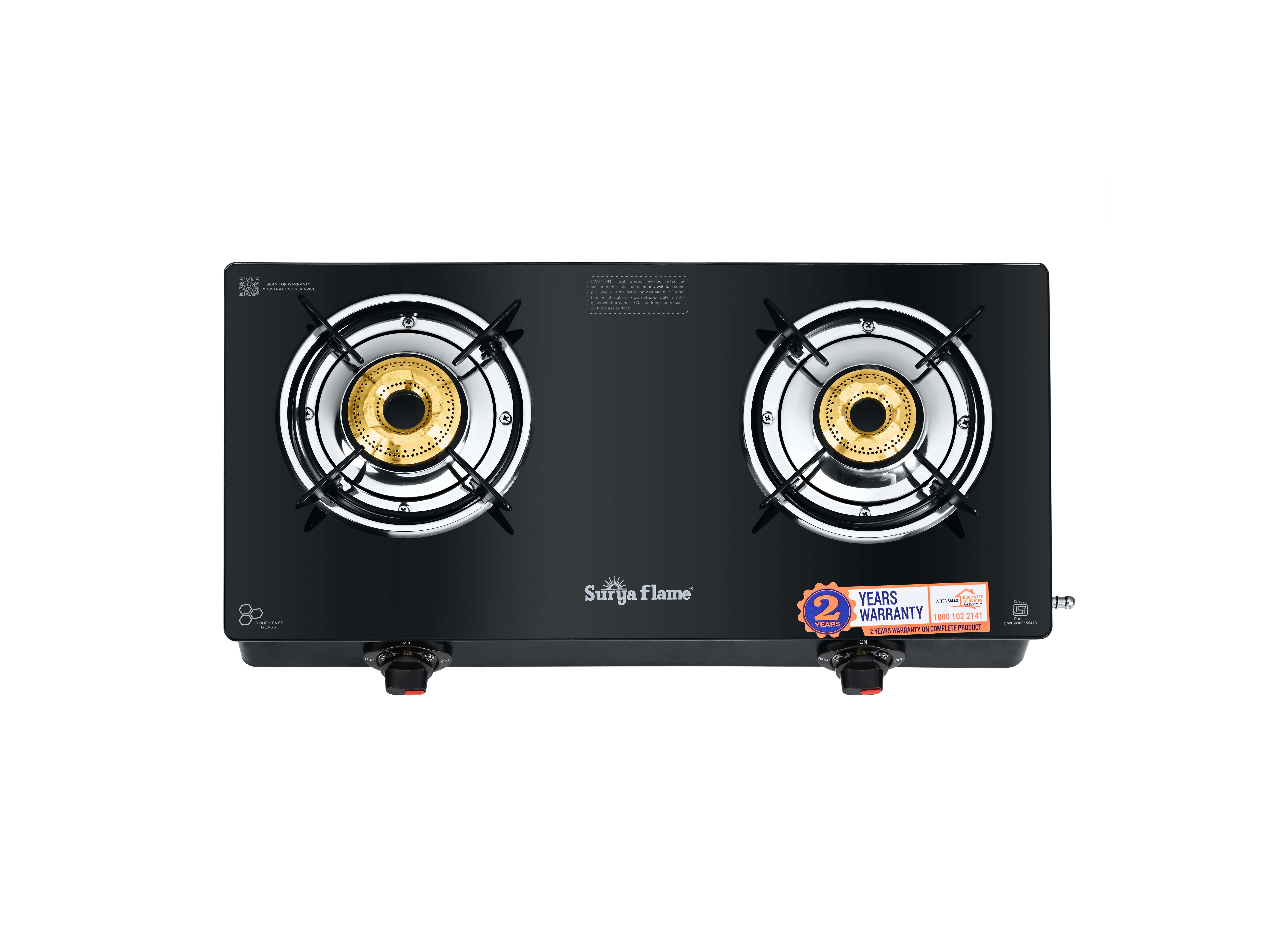Surya Flame Creta Gas Stove 2 Burners Glass Top, Tri-pin Brass Burner, 2 Burner Gas Stove, Stove 2 Burner, Manual Ignition, Ultra Slim Design with Toughened Glass Top, Removable Drip Tray - Black
