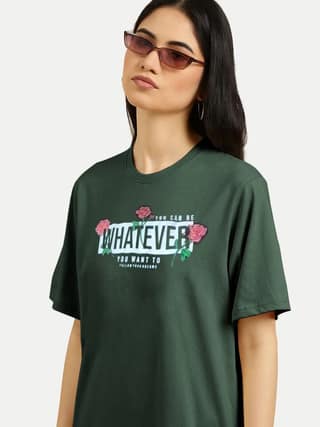 Women Dark Green Tee With A Printed Slogan