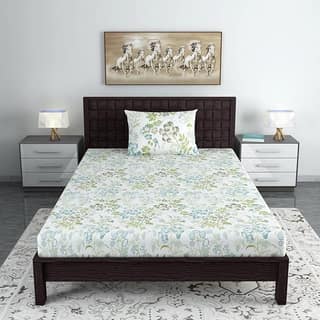 Floral Single Bedsheet with 1 Pillow Cover, 100% Cotton, Green