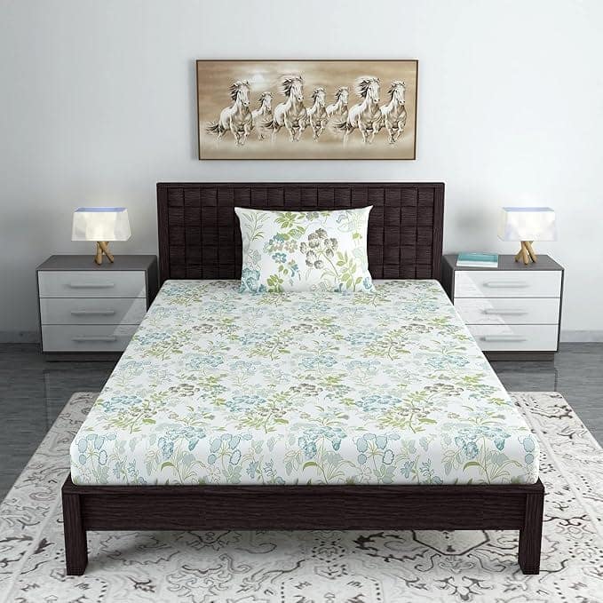 Floral Single Bedsheet with 1 Pillow Cover, 100% Cotton, Green